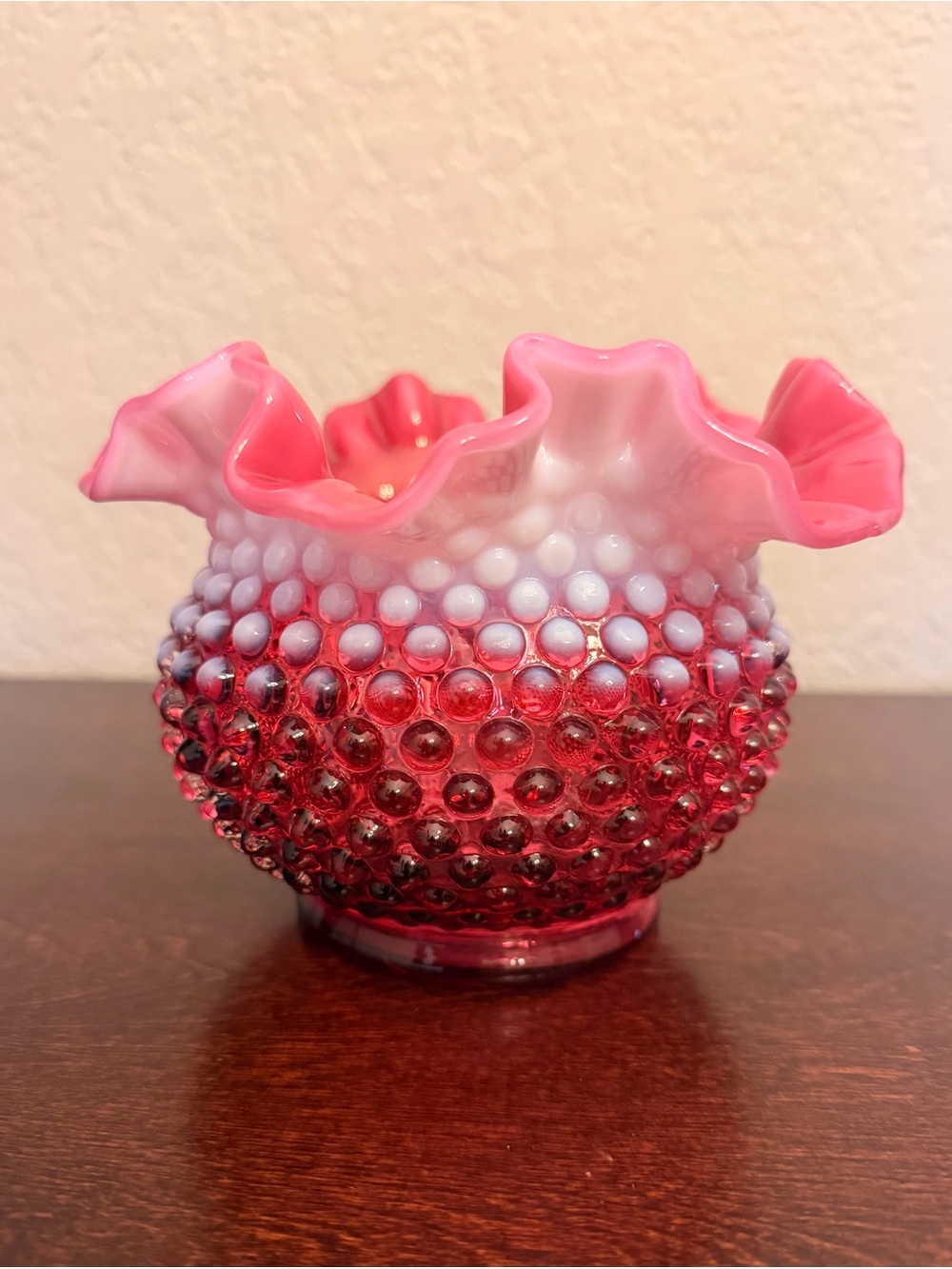 Vintage Fenton Cranberry Opalescent Hobnail Crimped Ruffled Vase Red White Pink